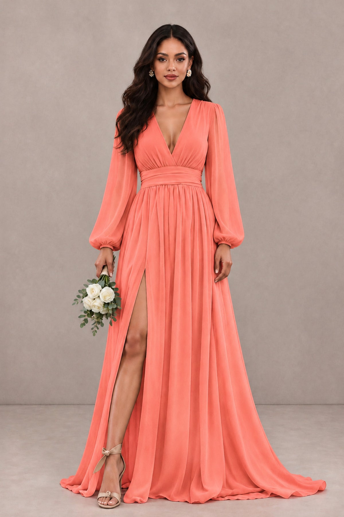 BOLODOO Coral Long Sleeve V-Neck A-Line Gown with Open Back & Slit - Coral - Coral_1