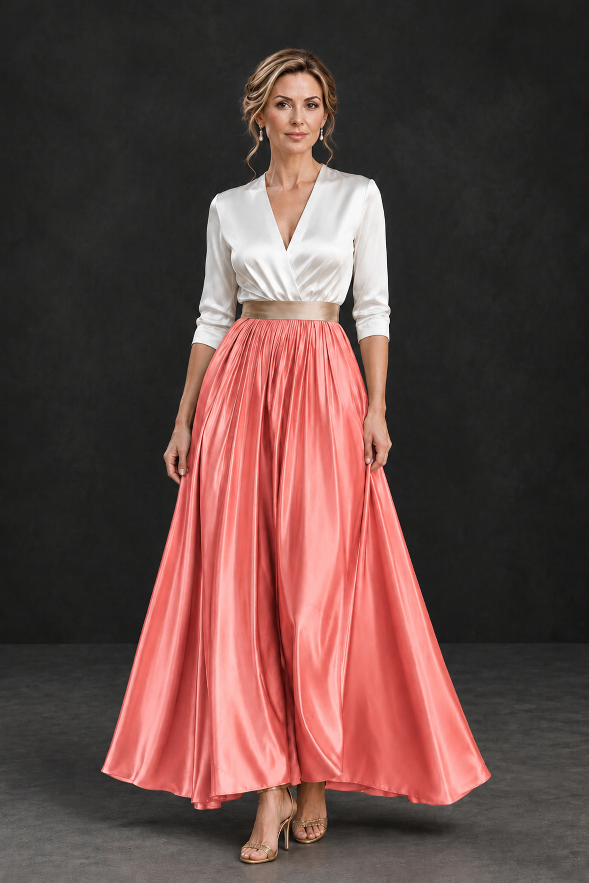BOLODOO Coral and White V-Neck A-Line Mother of the Bride Dress - Coral - Coral_1