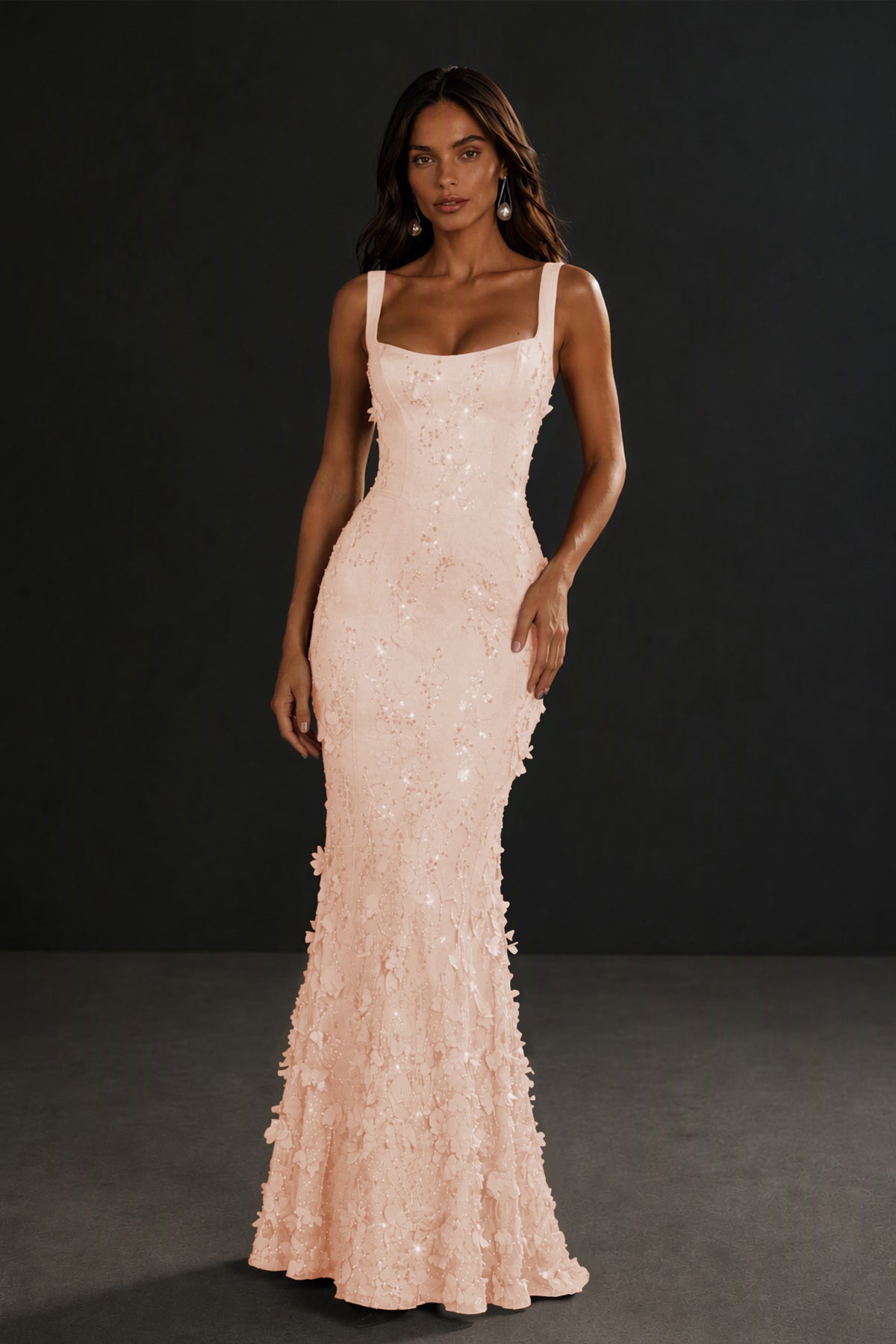 BOLODOO Coral Sequin 3D Floral Mermaid Maxi Gown – Lace-Up Back Formal Dress - Coral