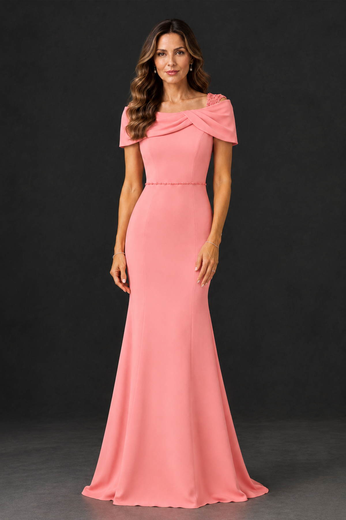 BOLODOO Coral Mother of the Bride Dress with Draped Cape Detail - Coral - Coral_1