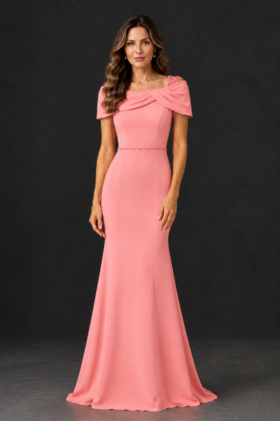 BOLODOO Coral Mother of the Bride Dress with Draped Cape Detail - Coral - Coral_1