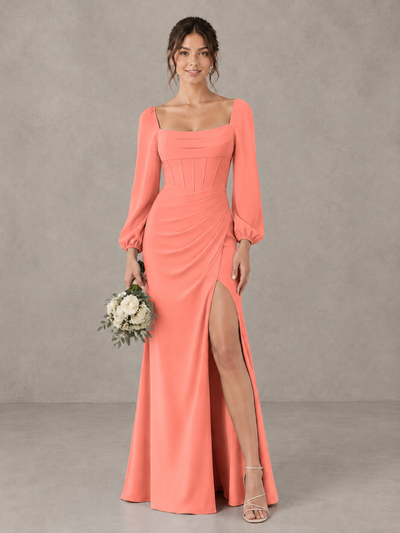 BOLODOO Coral Square Neck Long Sleeve Bridesmaid Dress with High Slit - Coral - Coral_1