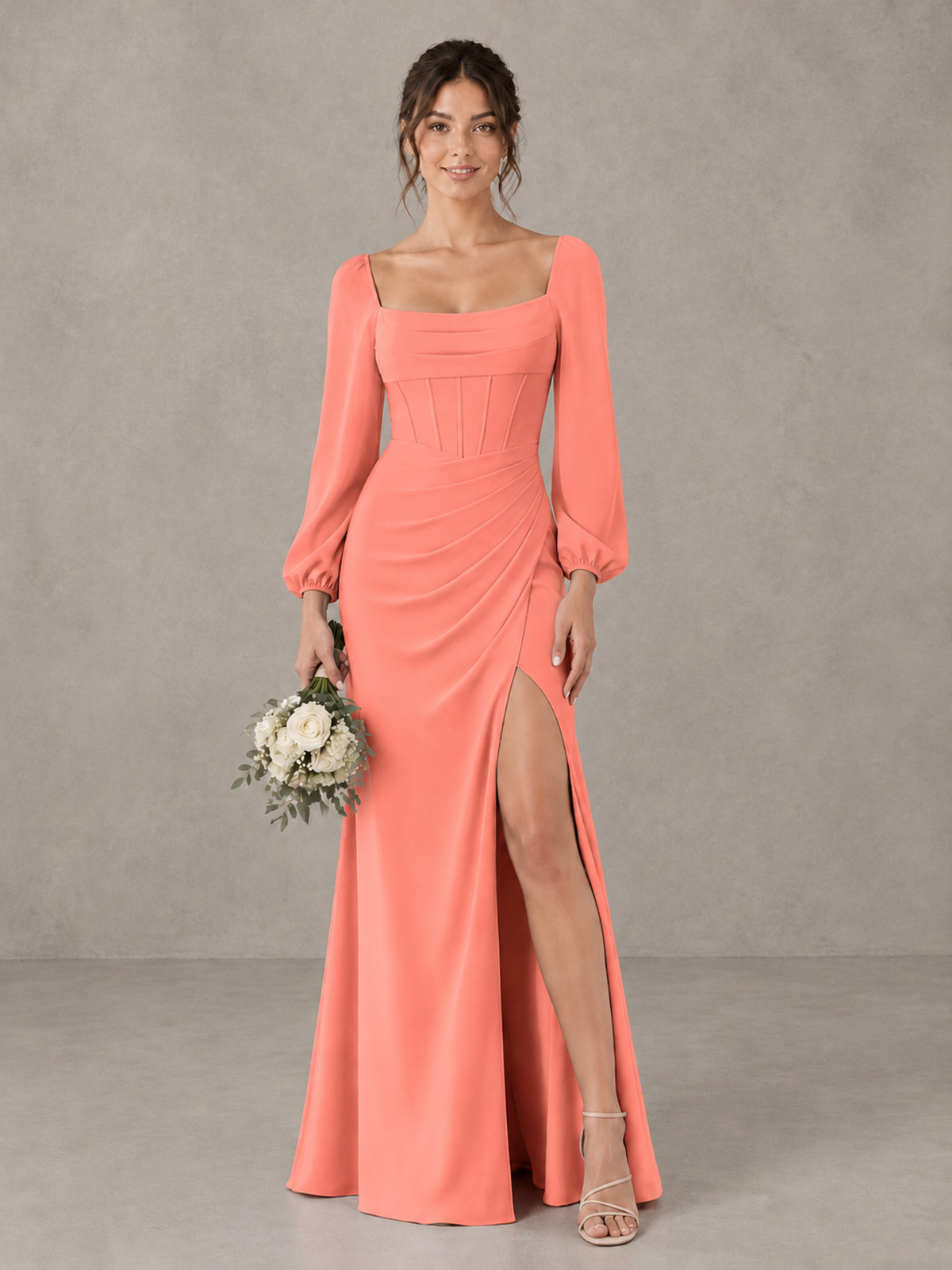BOLODOO Coral Square Neck Long Sleeve Bridesmaid Dress with High Slit - Coral - Coral_1