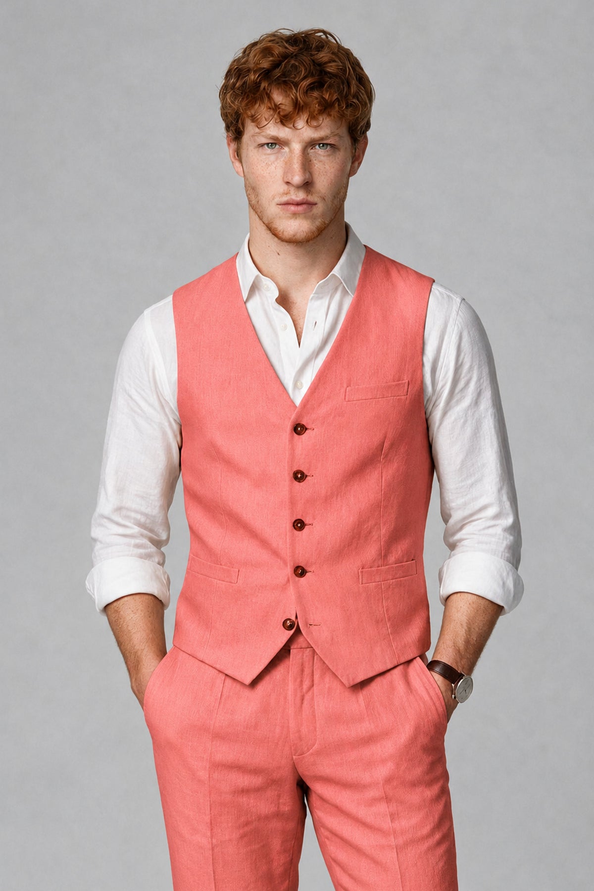 Bolodoo Men's Coral 2-Piece Vest and Pants Set with V-Neck Waistcoat - Coral - Coral_1