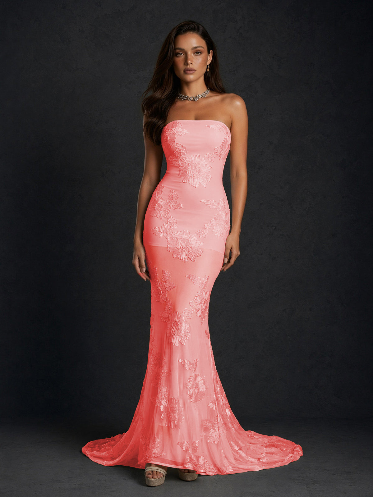 BOLODOO Coral Champagne Gold Floral Sequin Embroidered Mesh Strapless Open Back Mermaid Maxi Dress with Train - Coral