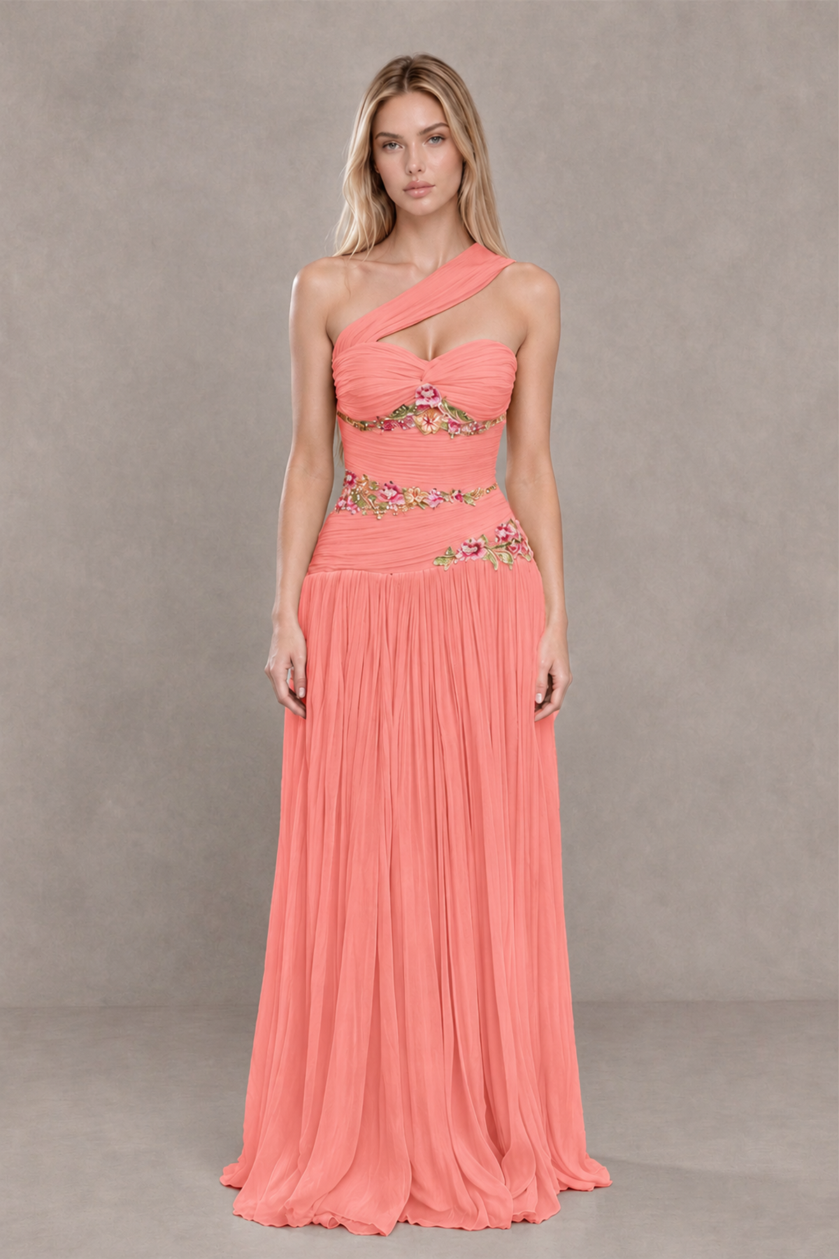 BOLODOO Coral One-Shoulder Floral Applique A-Line Evening Dress - Coral - Coral_1