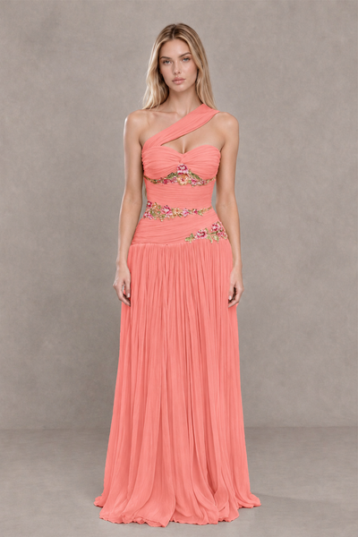 BOLODOO Coral One-Shoulder Floral Applique A-Line Evening Dress - Coral - Coral_1