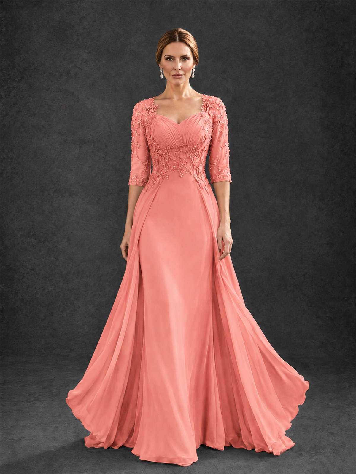 BOLODOO Coral Sweetheart Neck 3/4 Sleeve Floral Lace Illusion Bodice Chiffon A-Line Gown - Coral - Coral_1