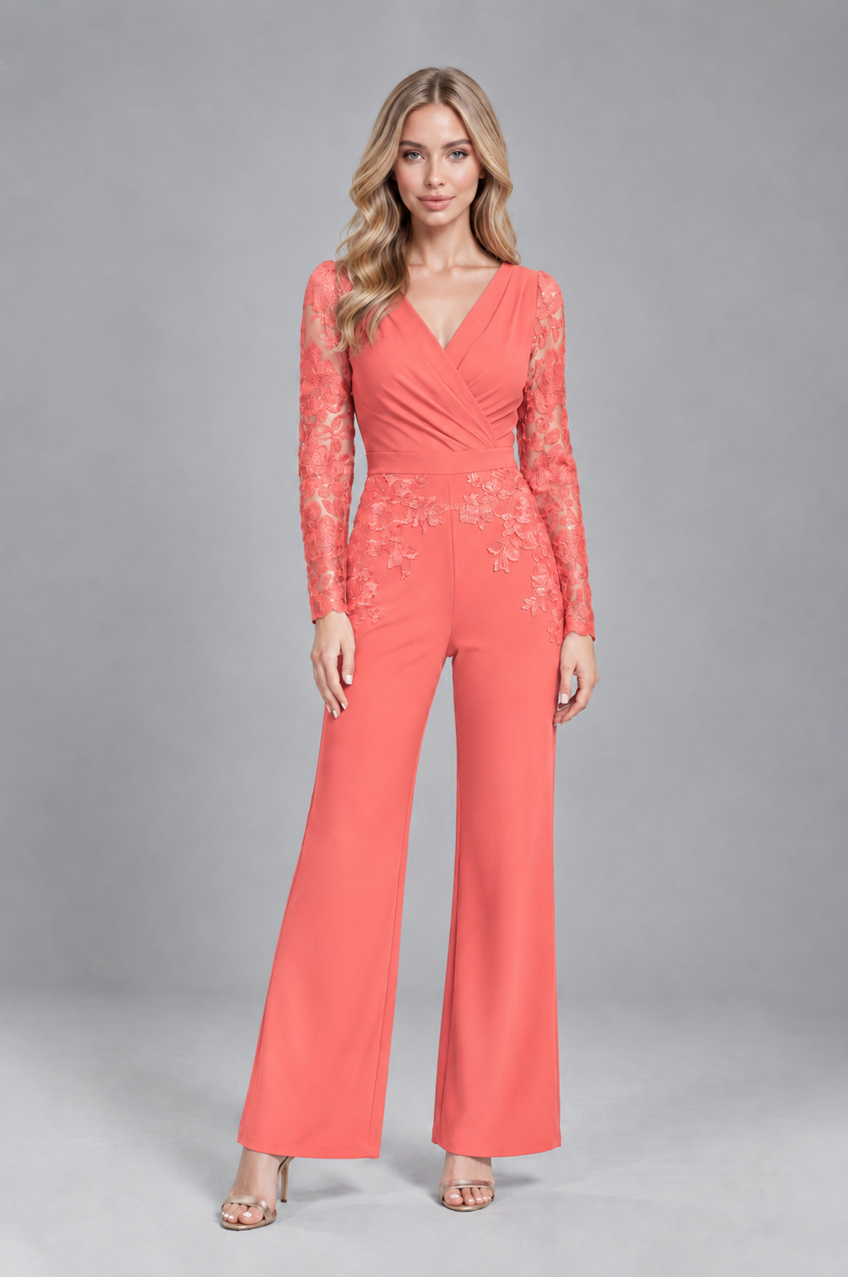 BOLODOO Coral Lace Long-Sleeve V-Neck Mother Pant Suit - Coral - Coral_1