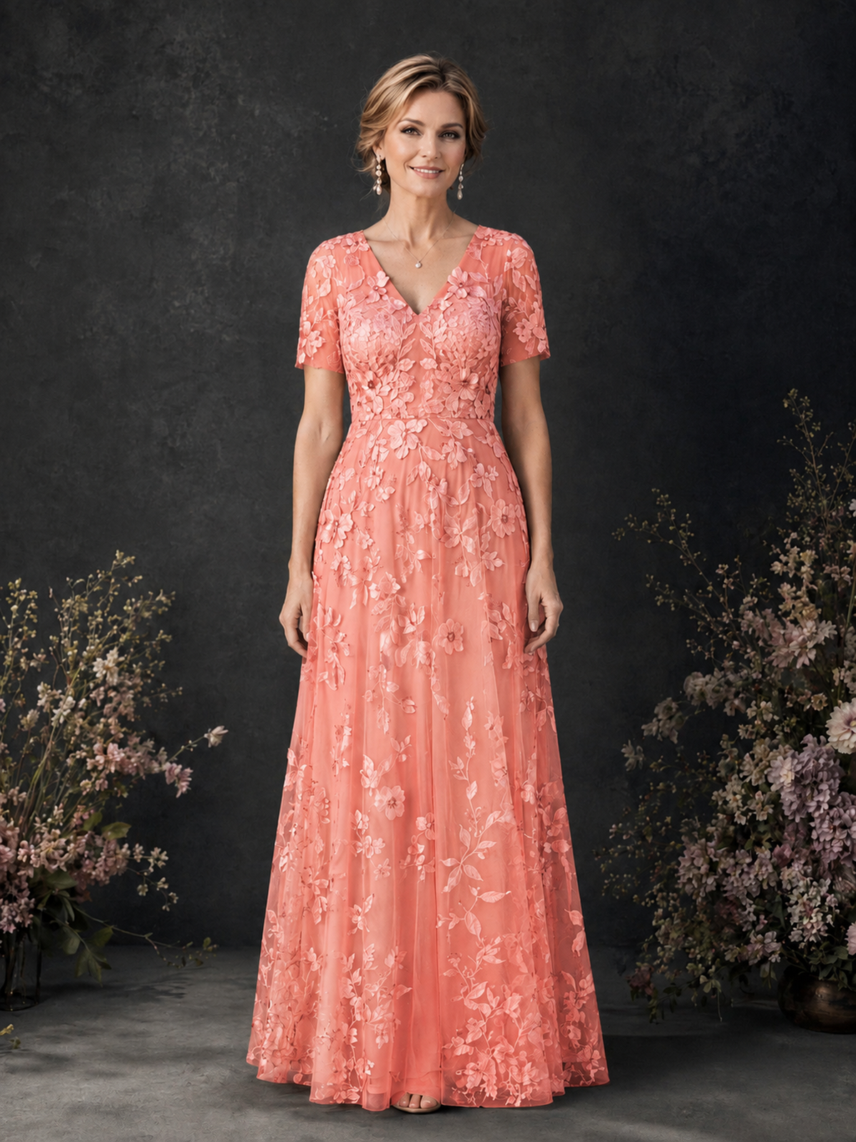 BOLODOO Coral 3D Floral Embroidered Lace V-Neck Short Sleeve A-Line Maxi Dress - Coral