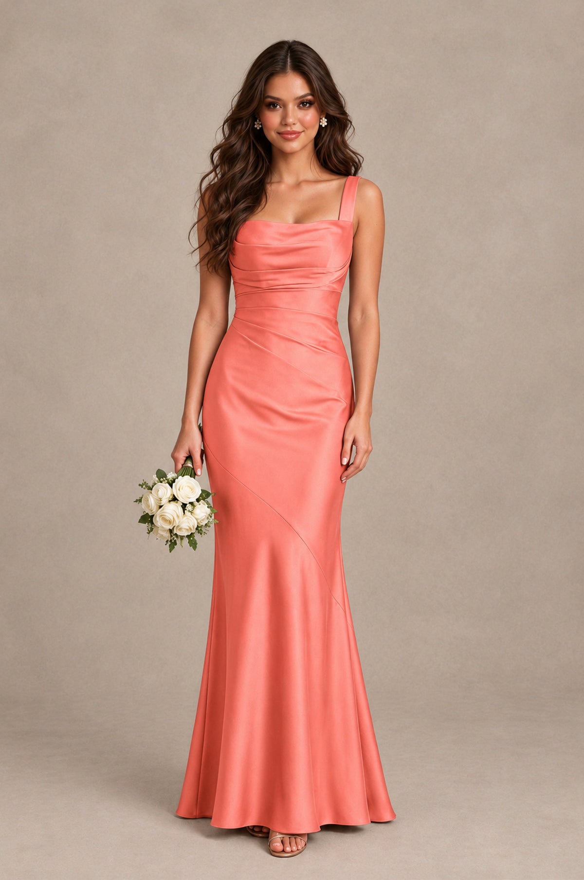 BOLODOO Coral Square Neck Ruched Satin Lace-Up Bridesmaid Dress - Coral - Coral_1