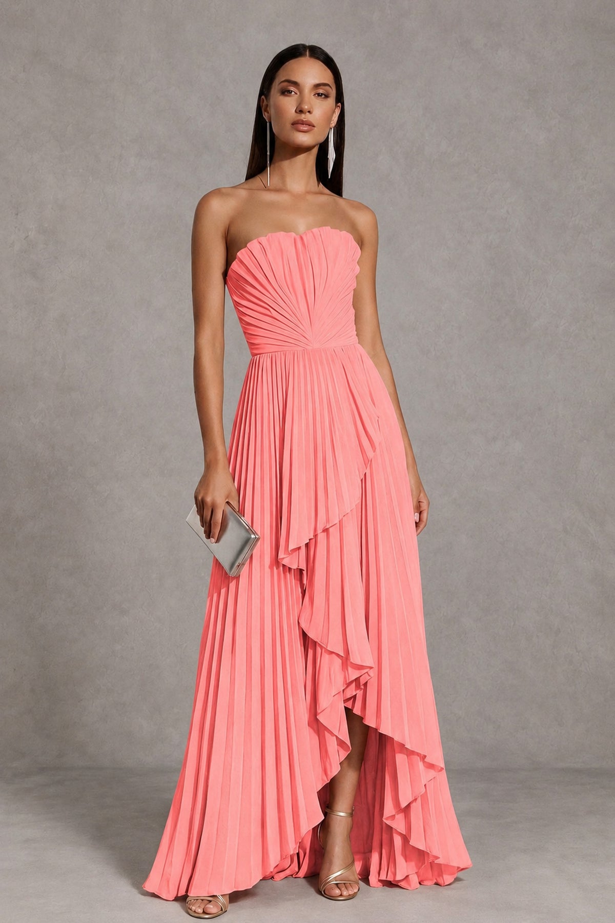 Coral Strapless Pleated High-Low Evening Gown with Ruffle Hem - Coral