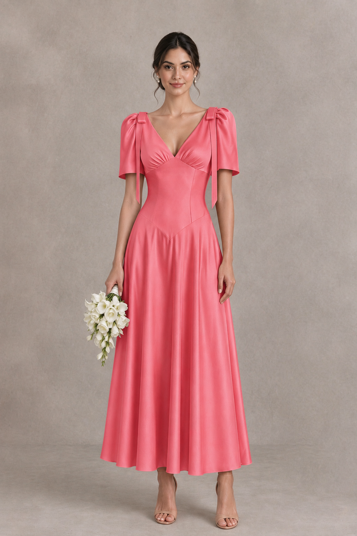 BOLODOO Coral V-Neck Short Sleeve Satin-Look Bridesmaid Dress with Shoulder Bows - Coral - Coral_1