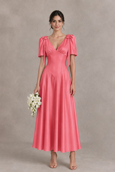 BOLODOO Coral V-Neck Short Sleeve Satin-Look Bridesmaid Dress with Shoulder Bows - Coral - Coral_1