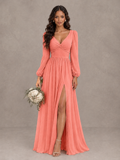 BOLODOO Coral V-Neck Long Sleeve Bridesmaid Dress with Tie Back and Slit - Coral - Coral_1