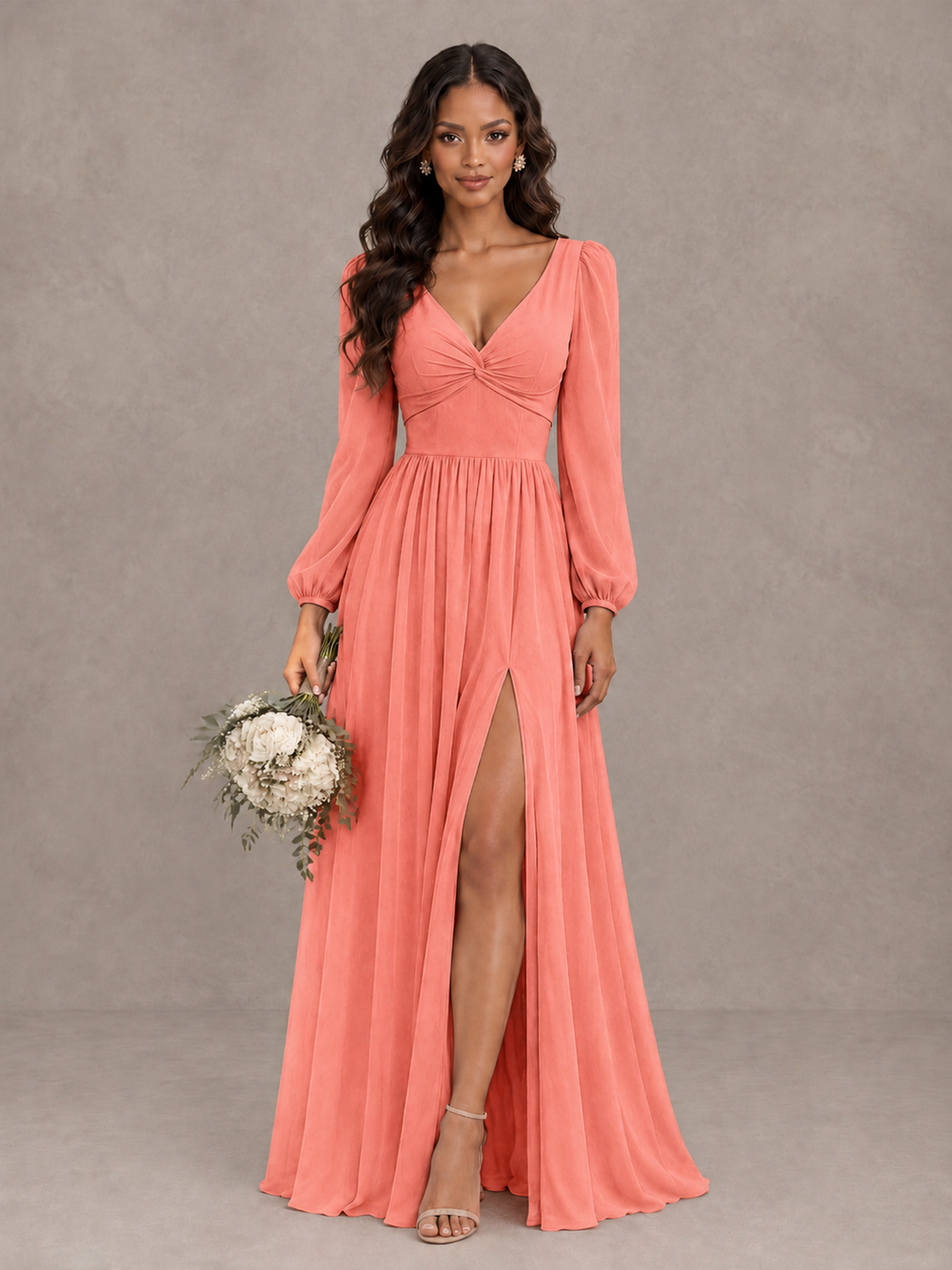 BOLODOO Coral V-Neck Long Sleeve Bridesmaid Dress with Tie Back and Slit - Coral - Coral_1