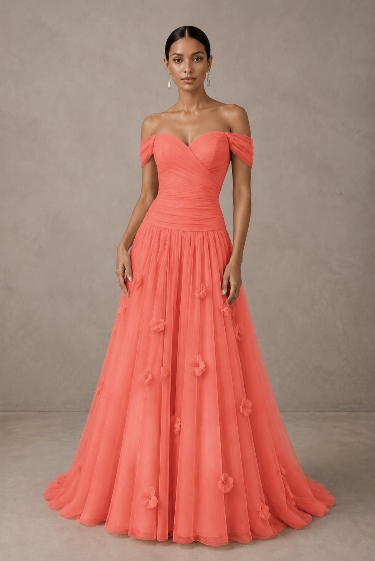 Coral Off-Shoulder Sweetheart A-Line Tulle Gown with 3D Floral Appliques | BOLODOO - Coral
