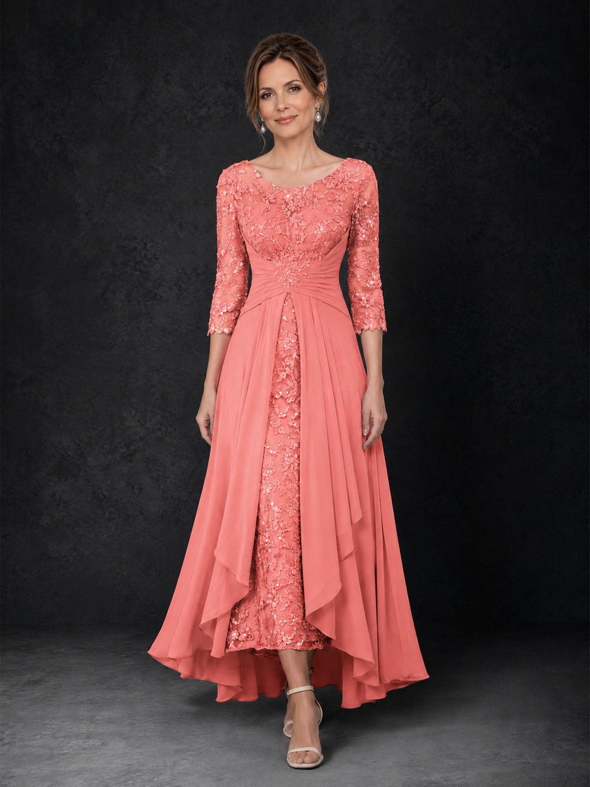 BOLODOO Coral Sequin Lace & Chiffon Tea-Length Mother of the Bride Dress with 3/4 Sleeves - Coral