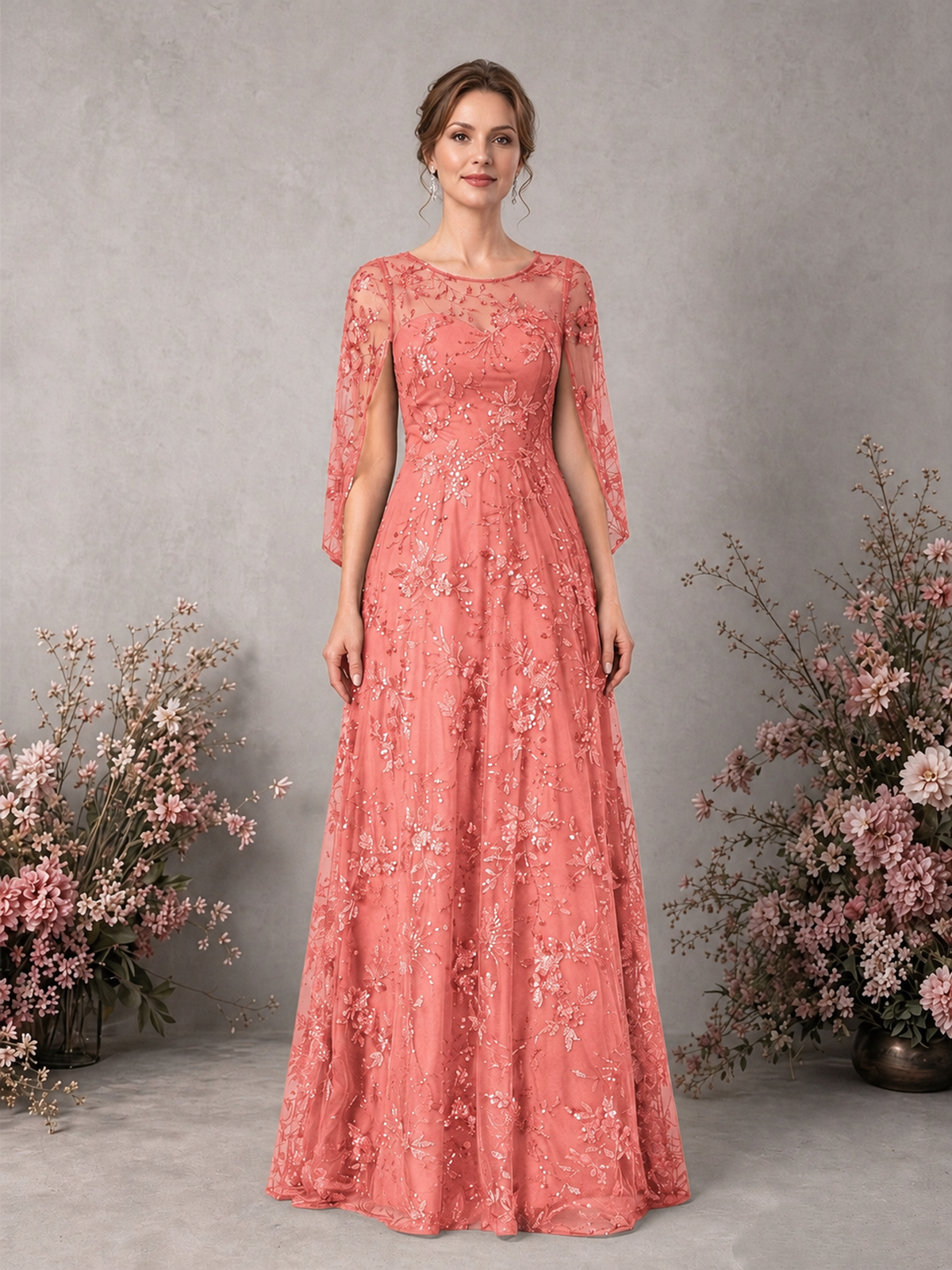 BOLODOO Coral Sequin Lace Cape Sleeve Formal Evening Gown - Coral - Coral_1