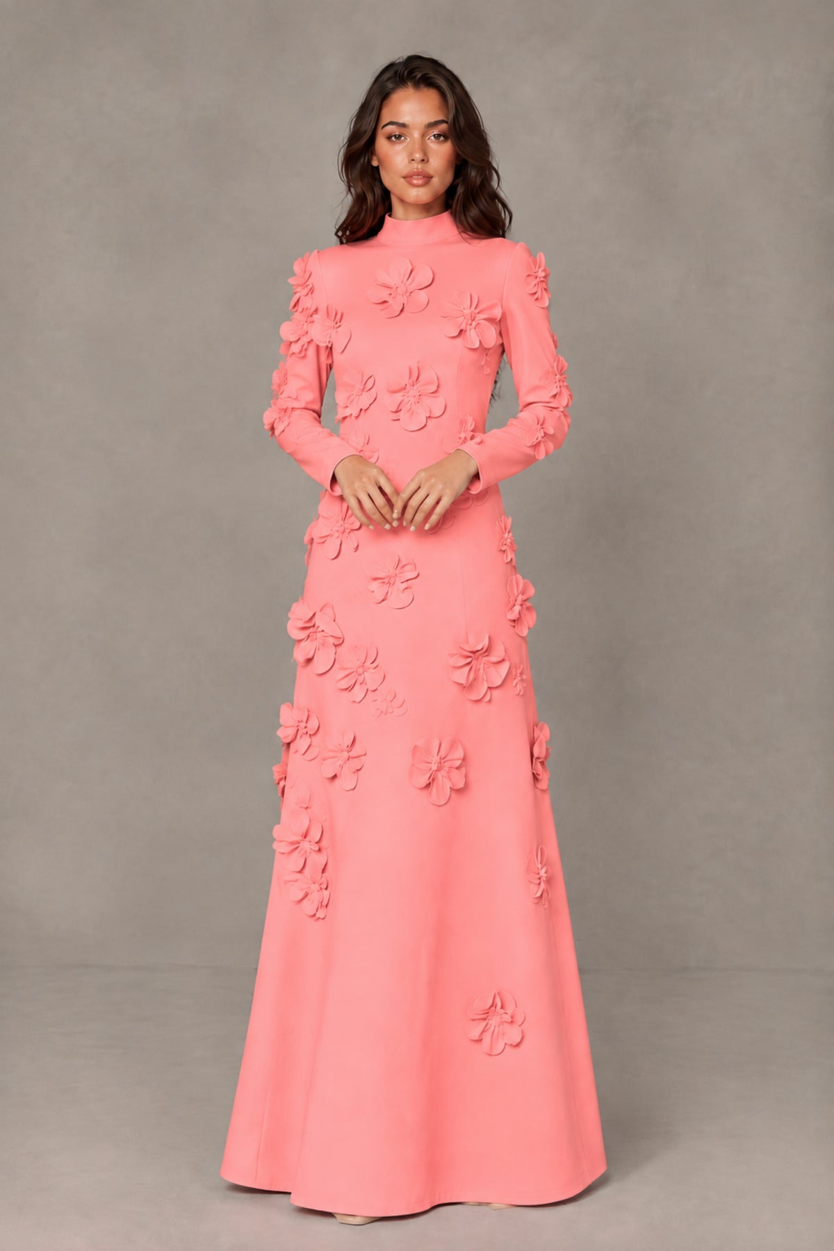 BOLODOO Coral High Neck Long Sleeve 3D Floral Evening Gown - Coral