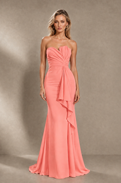 BOLODOO Coral Strapless Sweetheart Ruched Mermaid Gown | Cascade Drape Formal Evening Dress - Coral - Coral_1