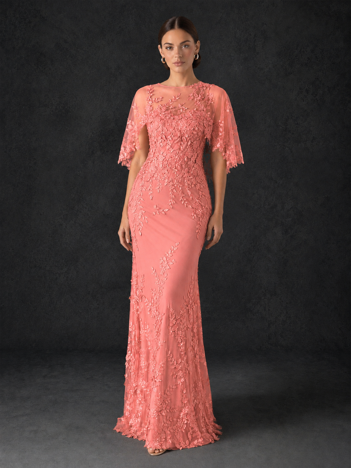 BOLODOO Mocha Rose Botanical Lace Flutter Sleeve Mermaid Gown - Coral - Coral