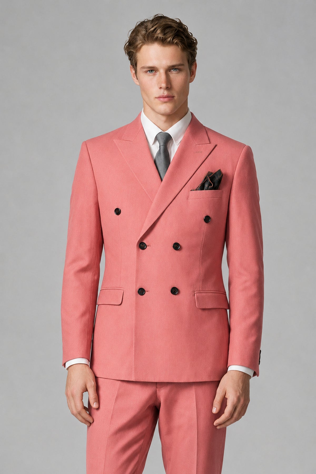Bolodoo Men's Coral Double-Breasted Two-Piece Suit with Peak Lapels - Coral - Coral_1