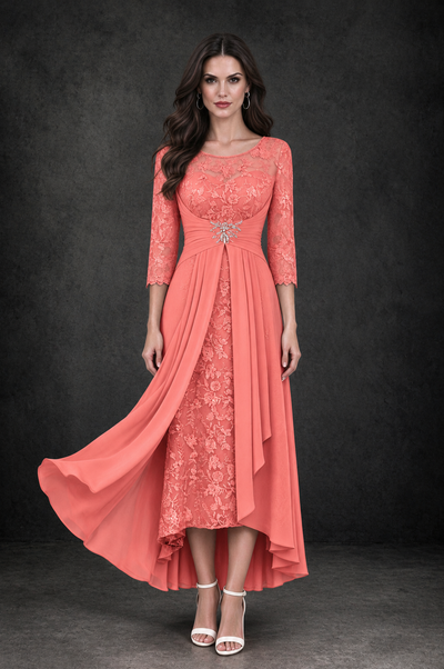BOLODOO Coral Sequin Lace & Chiffon Tea-Length Mother of the Bride Dress with 3/4 Sleeves - Coral - Coral_1