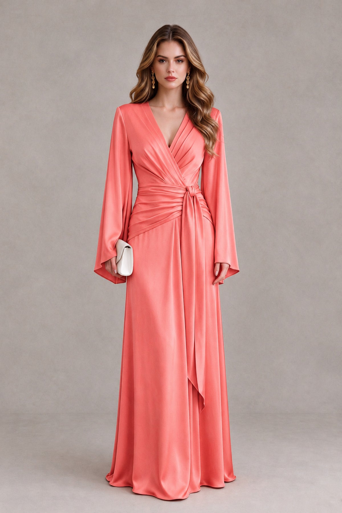 BOLODOO Coral Yellow Satin-Look V-Neck Long Bell Sleeve Evening Dress - Coral - Coral_1