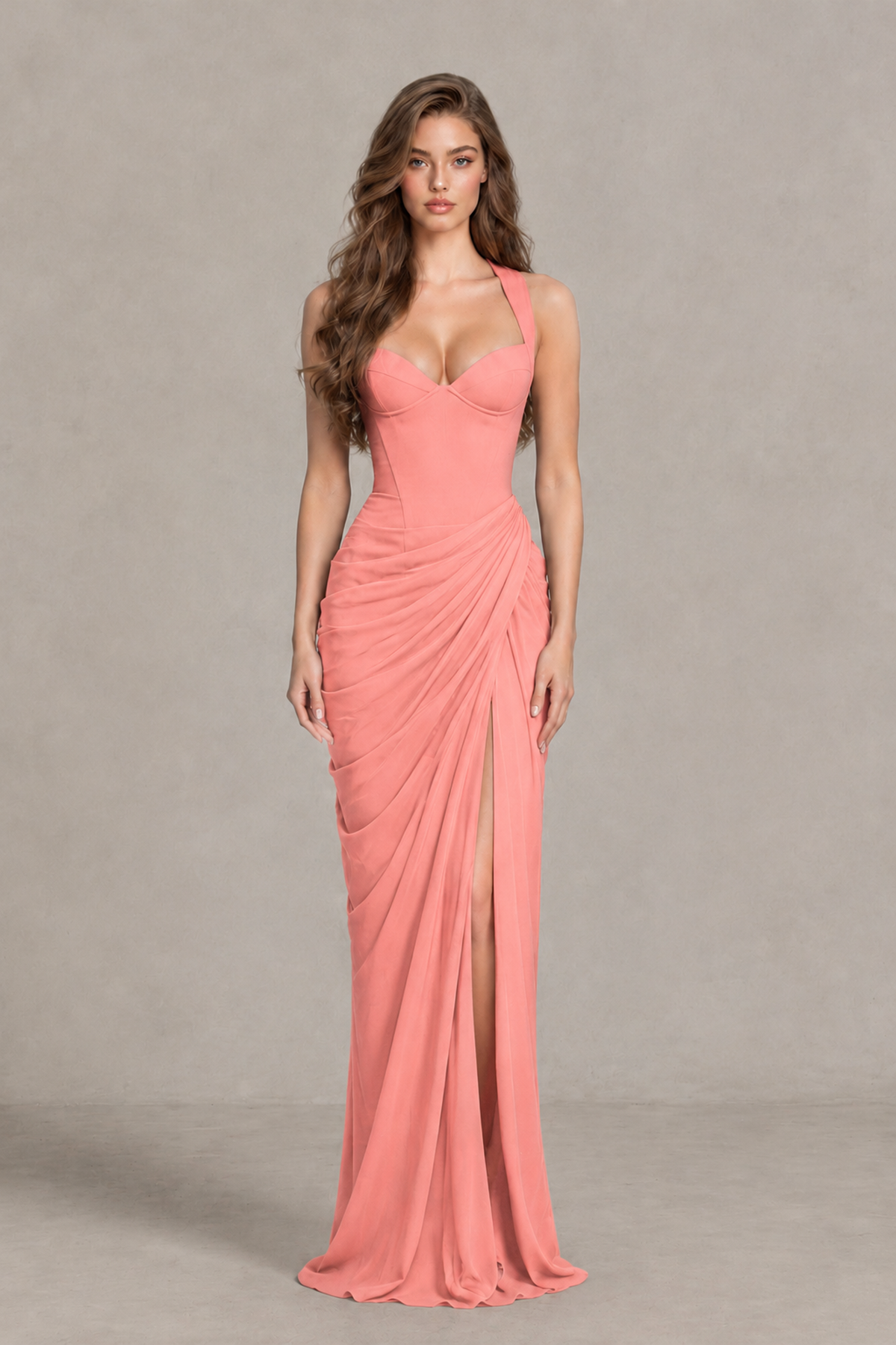 BOLODOO Coral Sweetheart Maxi Dress with High Slit - Coral - Coral_1