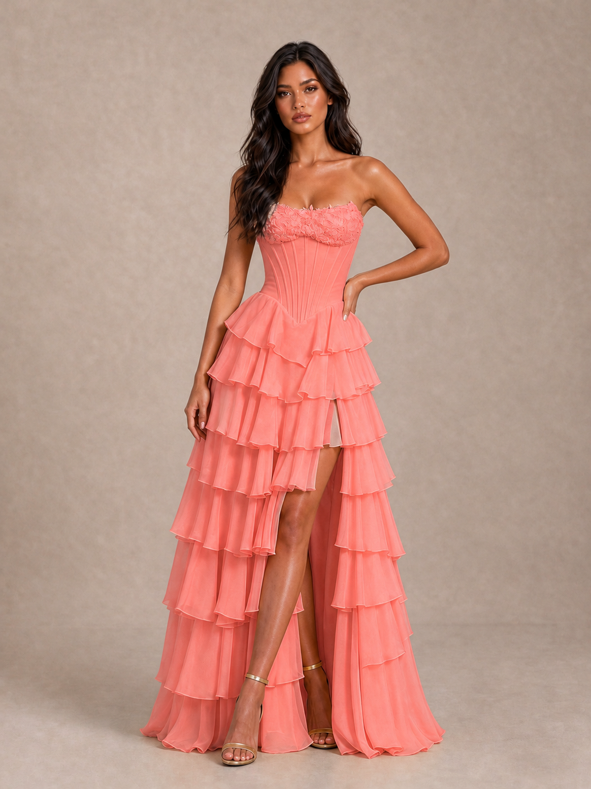 BOLODOO Coral Strapless Corset Tiered Ruffle Prom Dress with High Slit - Coral - Coral_1