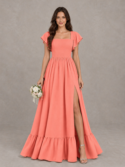 BOLODOO Coral Square Neck Flutter Sleeve Bridesmaid Dress with Slit - Coral - Coral_1