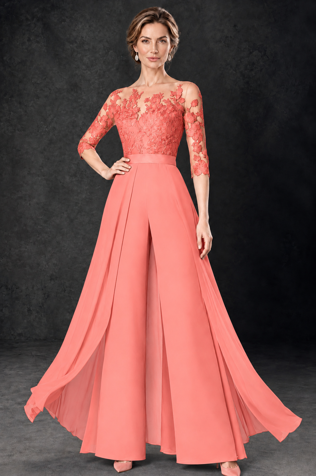 BOLODOO Coral Lace Wide-Leg Jumpsuit with Three-Quarter Sleeves - Coral - Coral_1