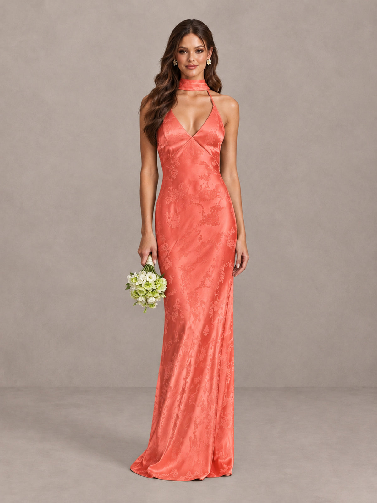 BOLODOO Coral Floral Satin Open-Back Bridesmaid Dress - Coral - Coral_1