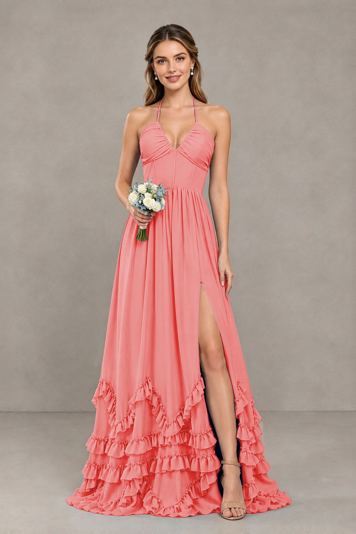 BOLODOO Coral Halter Ruffle Hem A-Line Bridesmaid Dress with High Slit - Coral - Coral(1)