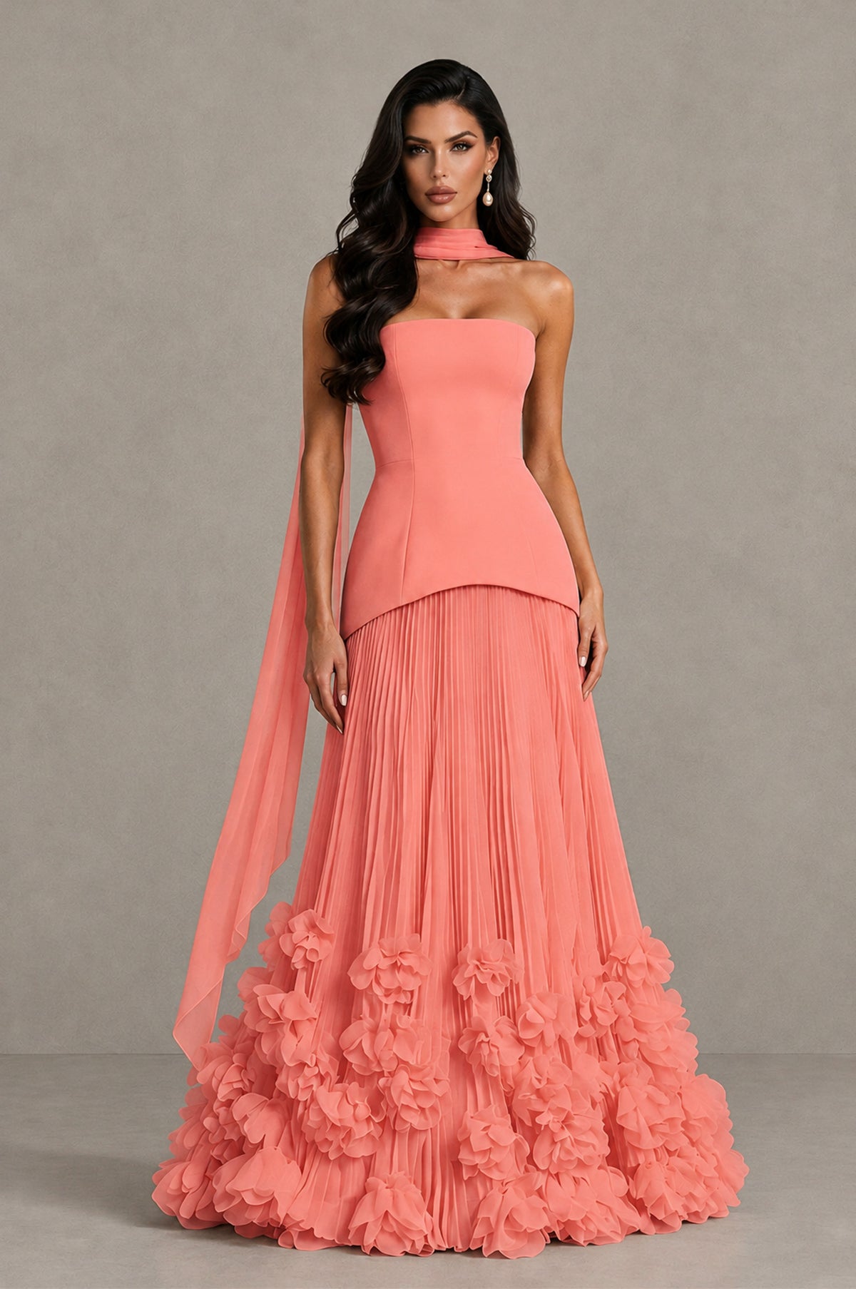 BOLODOO Coral Strapless Pleated Floral Hem Evening Gown - Coral - Coral_1