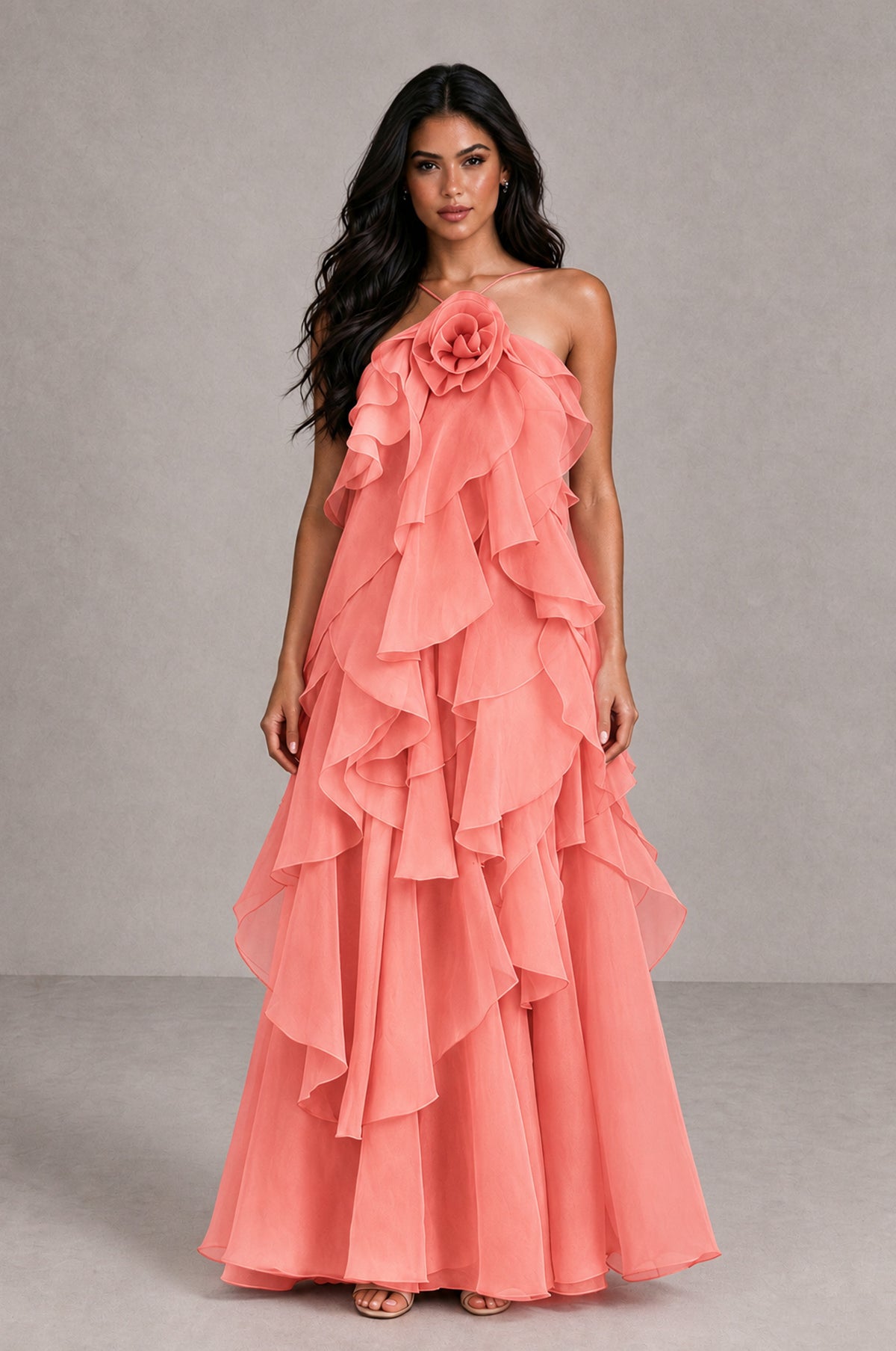 BOLODOO Coral Cascading Ruffle Rosette Open-Back Maxi Dress - Coral - Coral_1