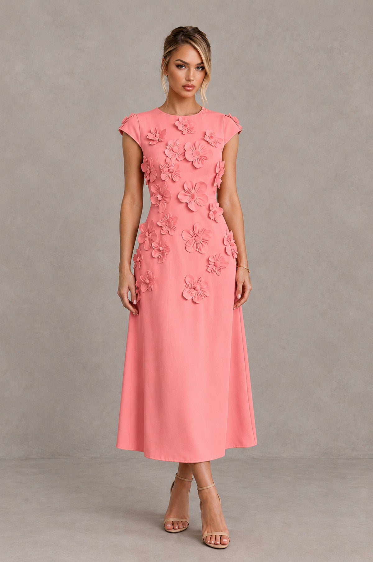 BOLODOO Coral 3D Floral Cap Sleeve Midi Cocktail Dress - Coral - Coral_1