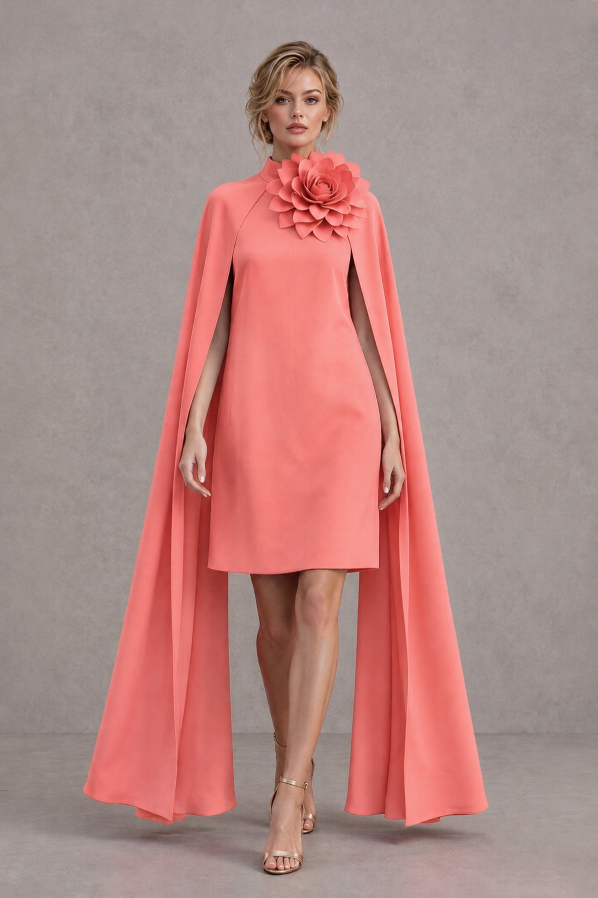 BOLODOO Coral High Neck Floral Cape Mini Cocktail Dress - Coral - Coral_1