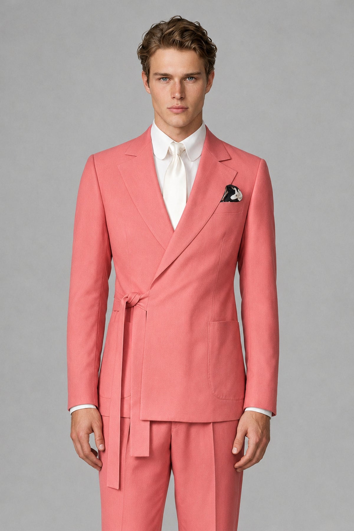 Bolodoo Men's Coral Wrap Tie-Waist Two-Piece Suit – Jacket & Trousers - Coral - Coral_1