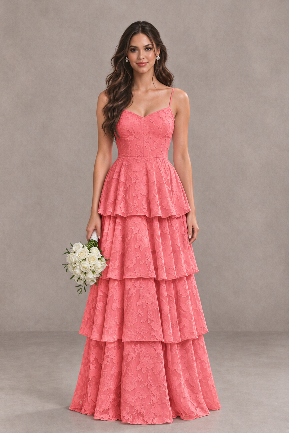 BOLODOO Coral Tiered Floral-Textured Spaghetti Strap Maxi Dress - Coral - Coral_1