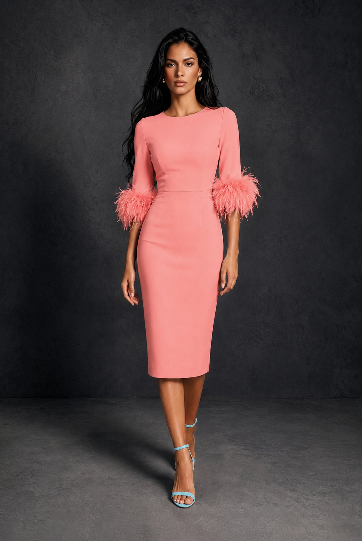 BOLODOO Coral Ostrich Feather Cuff 3/4 Sleeve Round Neck Bodycon Midi Dress with Back Slit - Coral