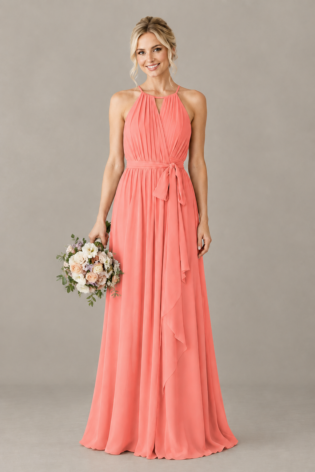 BOLODOO Coral Halter Chiffon Bridesmaid Dress with High Slit - Coral