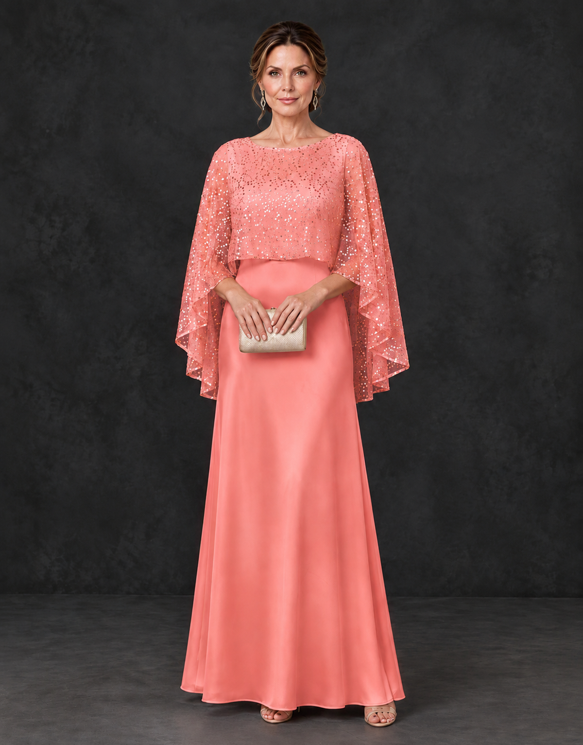 BOLODOO Coral Sparkle Cape Sleeve Mother of the Bride Dress - Coral - Coral_1