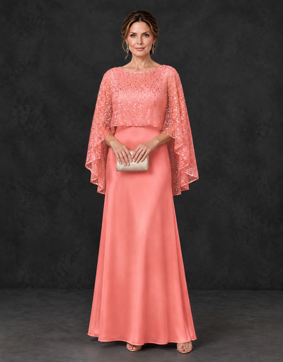 BOLODOO Coral Sparkle Cape Sleeve Mother of the Bride Dress - Coral - Coral_1