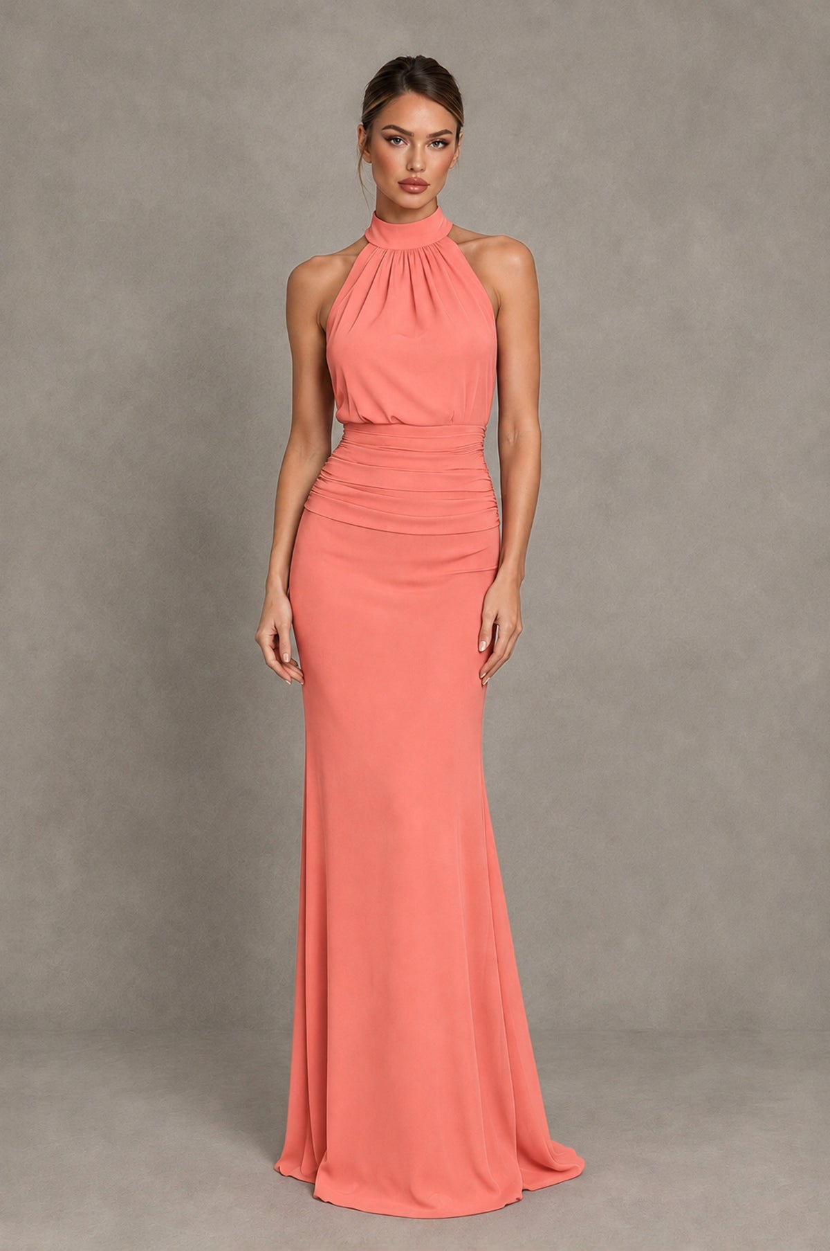 BOLODOO Coral Chiffon Halter Maxi Formal Wedding Guest Dress - Coral - Coral_1
