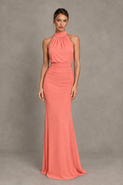 BOLODOO Coral Chiffon Halter Maxi Formal Wedding Guest Dress - Coral - Coral_1