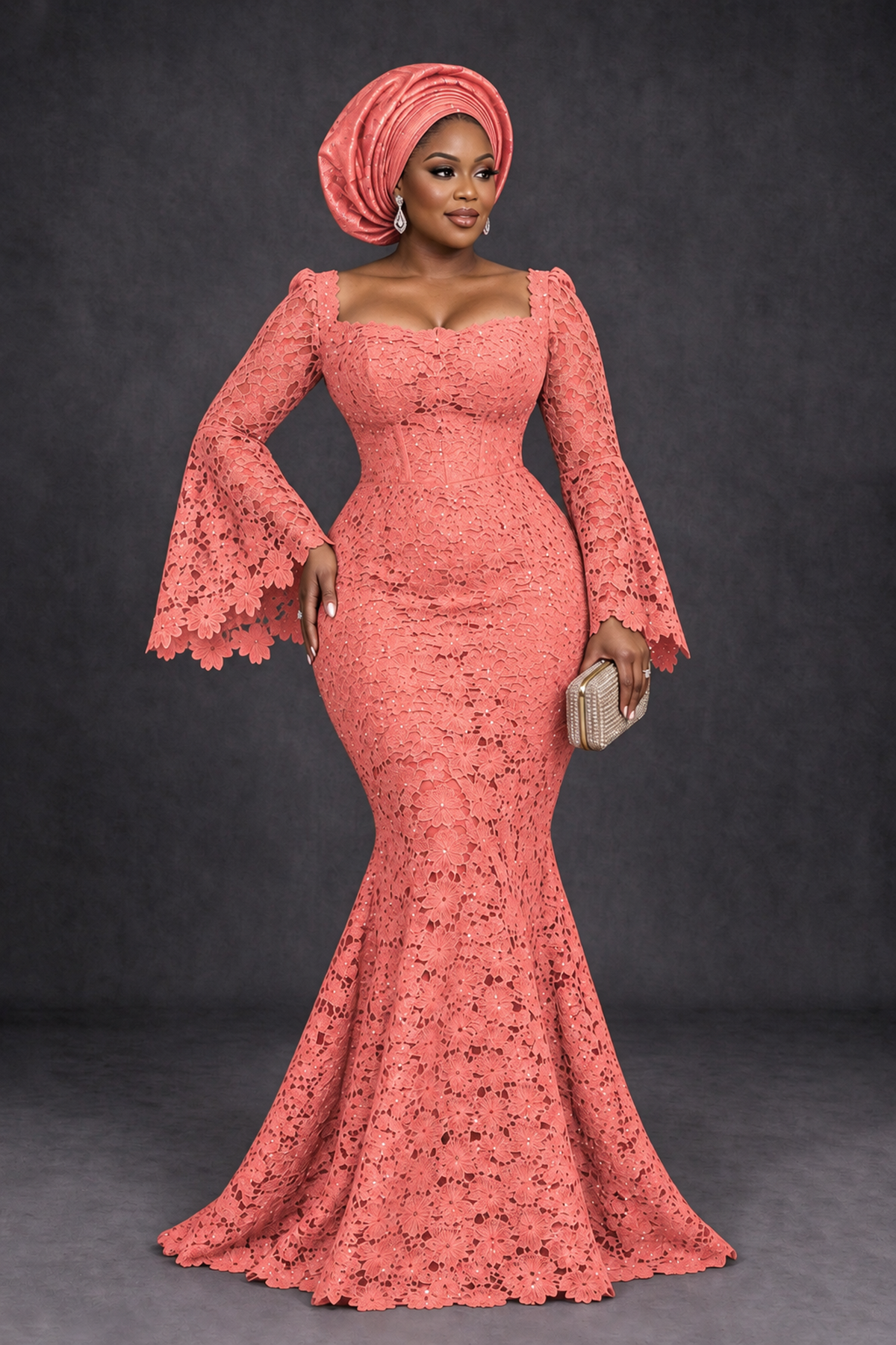 BOLODOO Coral African Lace Mermaid Dress, Plus Size Nigerian Wedding Guest Gown with Bell Sleeves - Coral - Coral_1