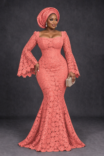 BOLODOO Coral African Lace Mermaid Dress, Plus Size Nigerian Wedding Guest Gown with Bell Sleeves - Coral - Coral_1