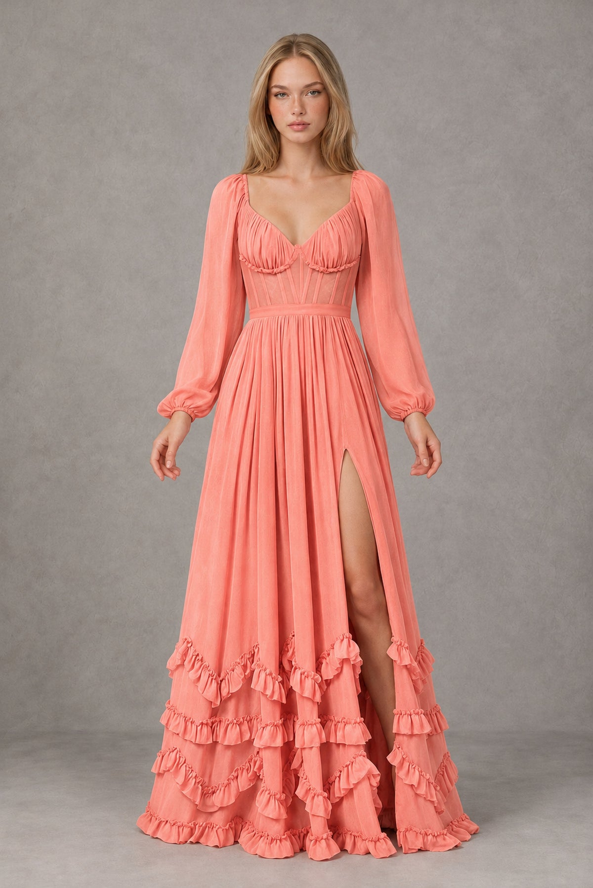 Coral Long-Sleeve Ruffle Maxi Dress with Lace-Up Back and Slit - Coral